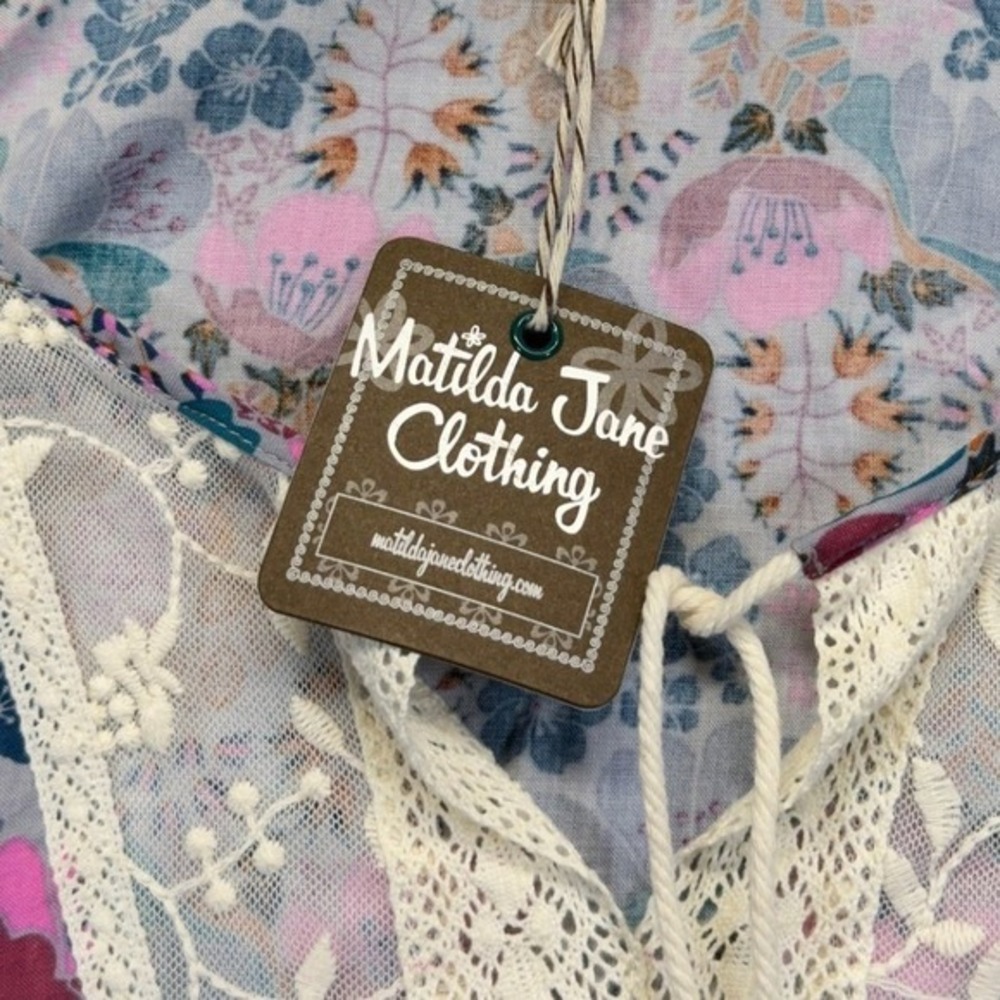 Matilda Jane Womens XS Tunic Blouse Floral Lace Tassel Boho Blue Pink NWT - Picture 4 of 9